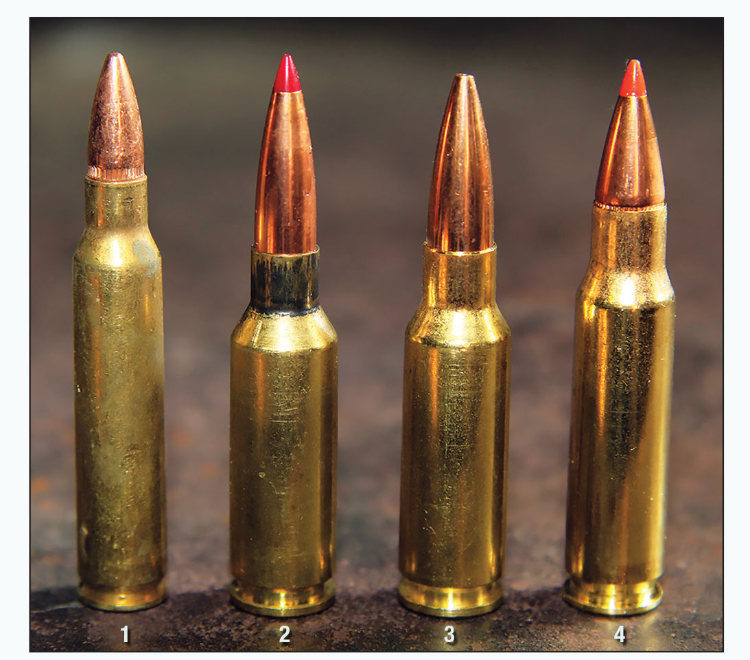 Shown here for comparison are four AR-15 compatible cartridges: (1) .223 Remington, (2) 6mm ARC, (3) 6.5 Grendel and (4) 6.8 Remington SPC.